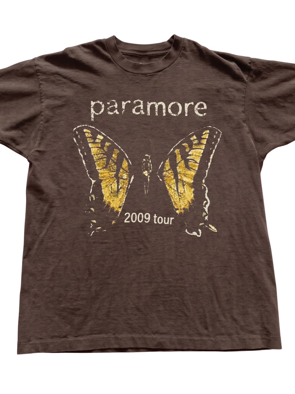 Gildan Brown Paramore 2009 Tour Tee with Yellow Butterfly Graphic